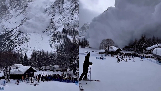 Údolí po lavině zavalila oblaka sněhu. Lyžaři nejdřív přihlíželi, pak prchali